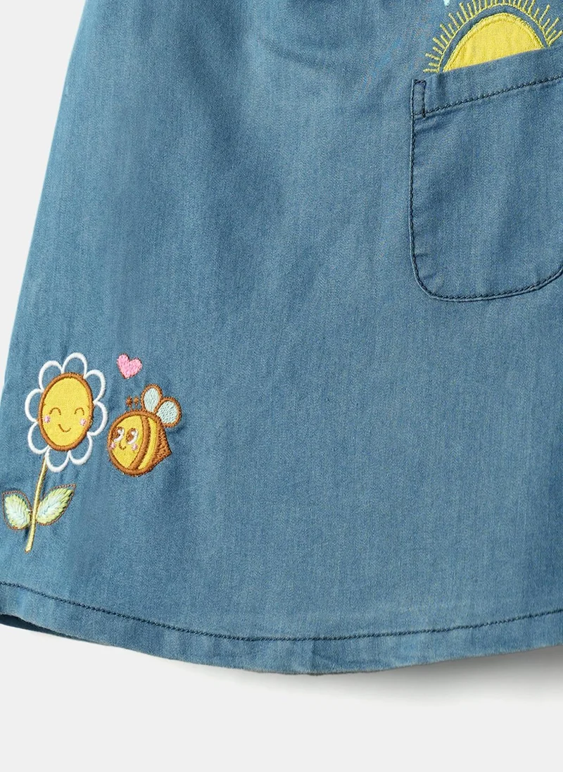 Nautinati denim blue Nautinati Girls' Denim Cloud, Sun, Floral Bee & Rain Applique A-Line Dress for Women | Best Price UAE